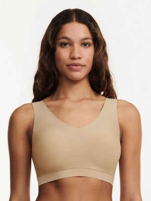 Beige Brown Chantelle SoftStretch Padded V-Neck Women Sports Bra | IBI6611BT