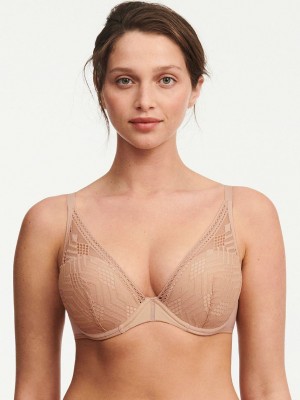 Beige Chantelle Ondine Lace Plunge Contour Women Bras | PQG4931PC