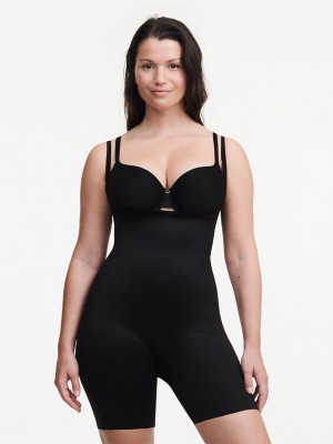 Black Chantelle Basic Shaping Open Bust Mid-Thigh Shaper Women Bodysuit | FZF2252IP