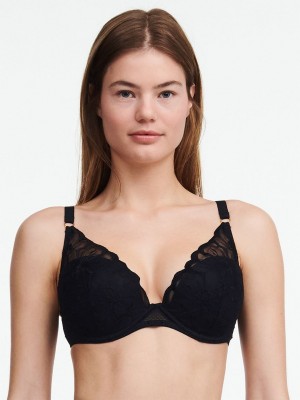 Black Chantelle Fleurs Plunging Women T-Shirt Bra | SHL2799BR