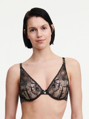 Black Chantelle Orchids Push-up Plunge Women Bra | HZN6484BS