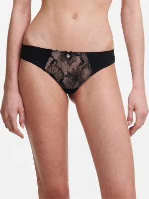 Black Chantelle Orchids Women Thong Panty | HDI9649GU