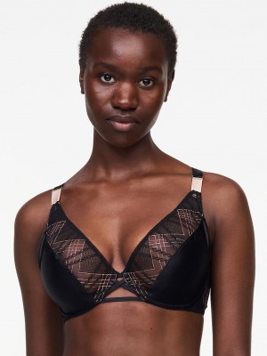 Black Pink Chantelle Memento Lace Plunge Women Unlined Bra | OAB3892RA