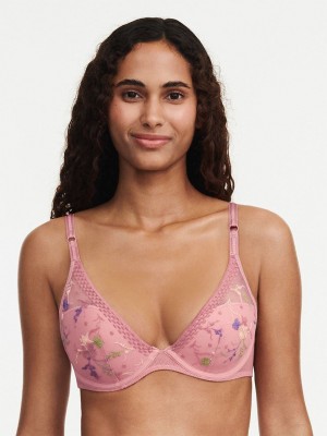 Pink Multicolor Chantelle Suzy Lace Plunge Contour Women Bras | JMW4616DR