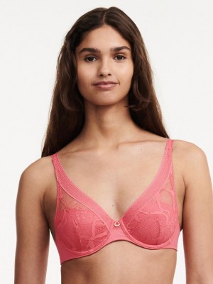 Rose Pink Chantelle True Lace Comfort Plunge Women Bras | UID8314EI