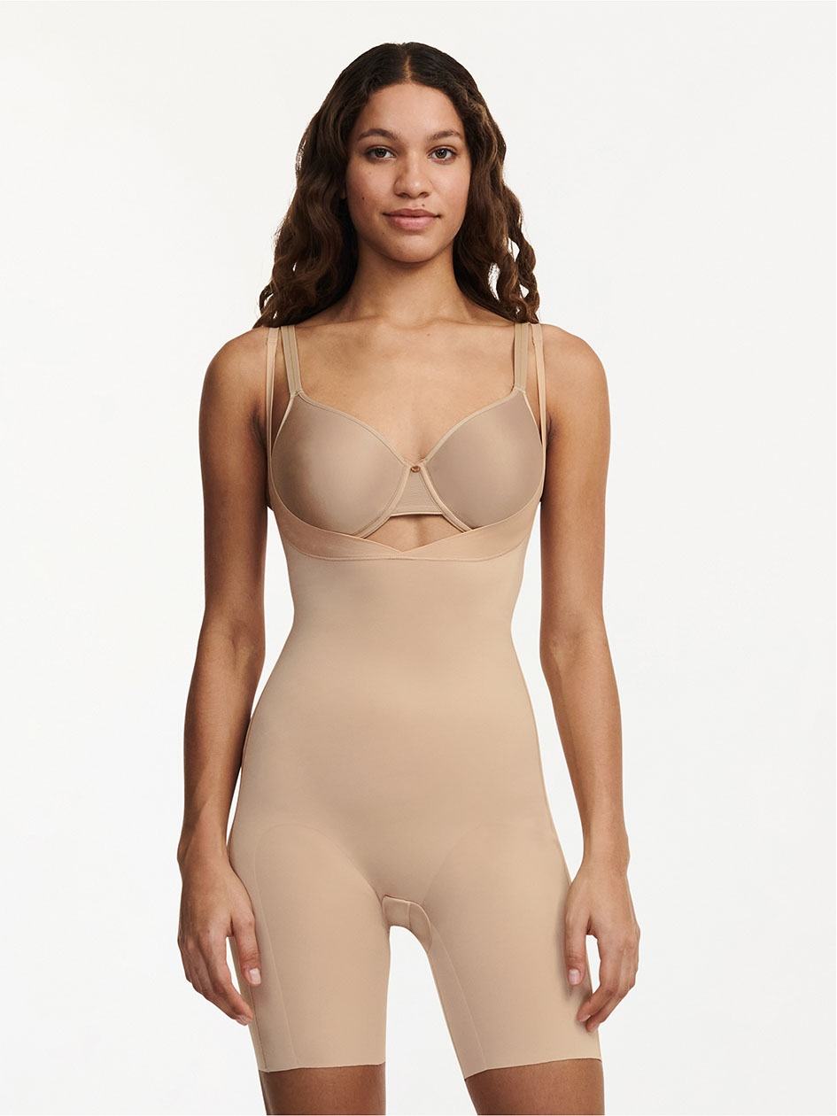 Beige Brown Chantelle Basic Shaping Open Bust Mid-Thigh Shaper Women Bodysuit | EJC336TN