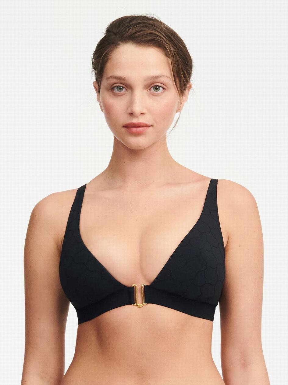 Black Chantelle Glow Wireless Plunge Swim Women Bikini Tops | OMQ6787EZ