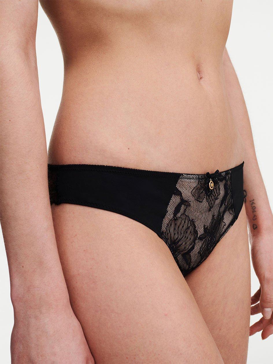 Black Chantelle Orchids Women Thong Panty | HDI9649GU